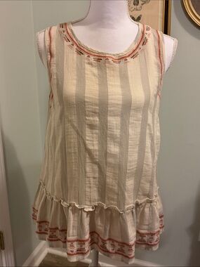 Altar'd State Cream Striped Tank with Coral Embroidery